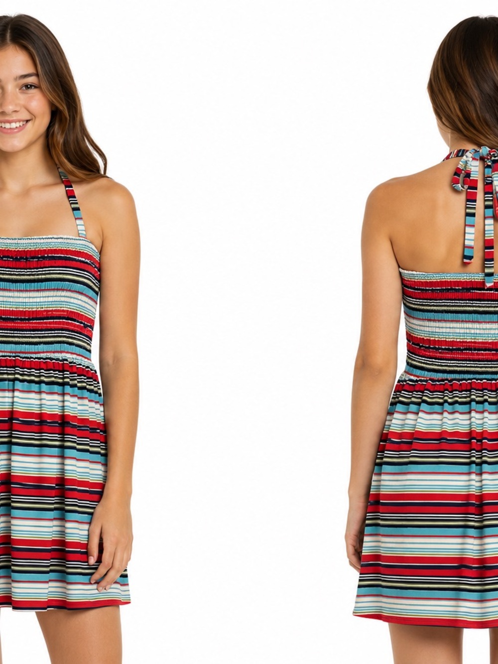 Olsenboye Multicolor Striped Halter Dress — Red, Aqua, Navy, Green - 0543